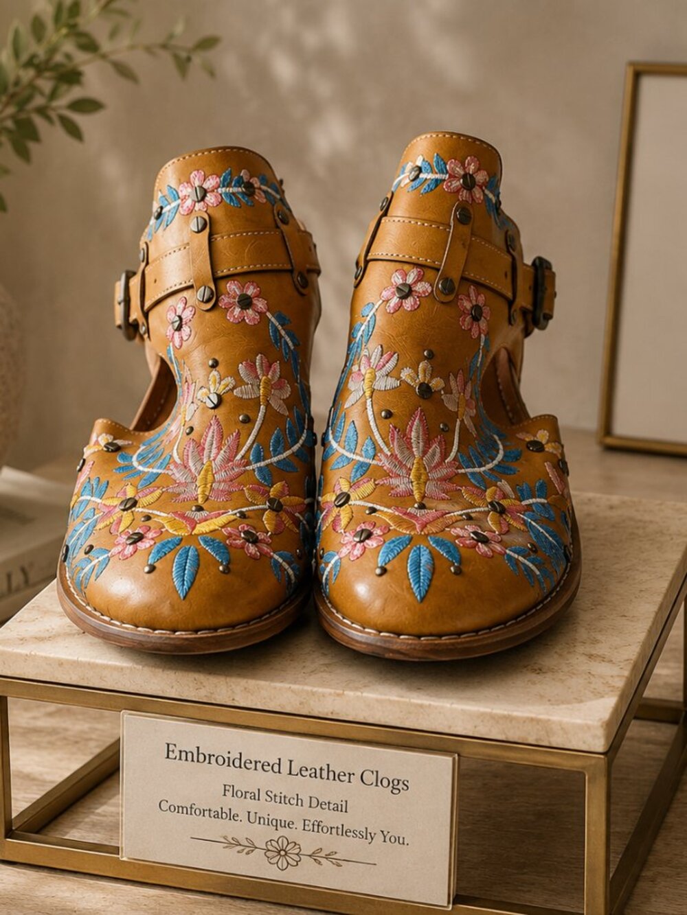 Boho Embroidered Leather Clogs – Floral Western Mule Heels